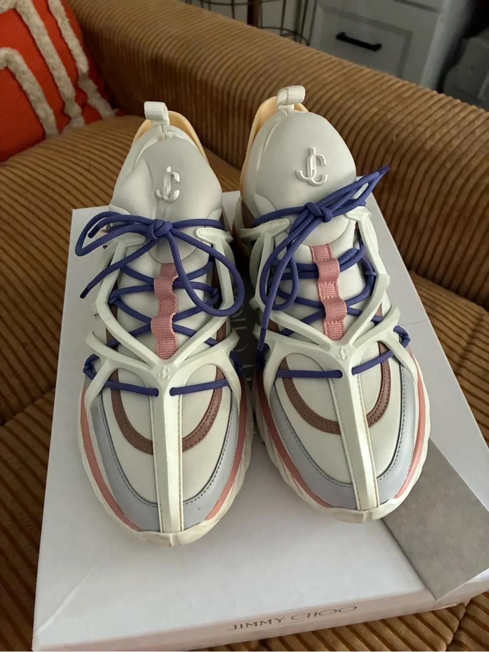 Jimmy Choo Cream Sneakers with Pink & Blue Accents - Picture 4 of 9